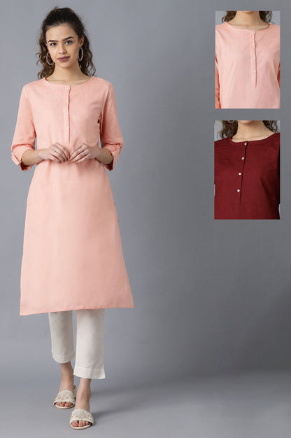 Peach And Maroon Solid Thread Work Straight Cotton Flax Kurta Combo - wforwoman