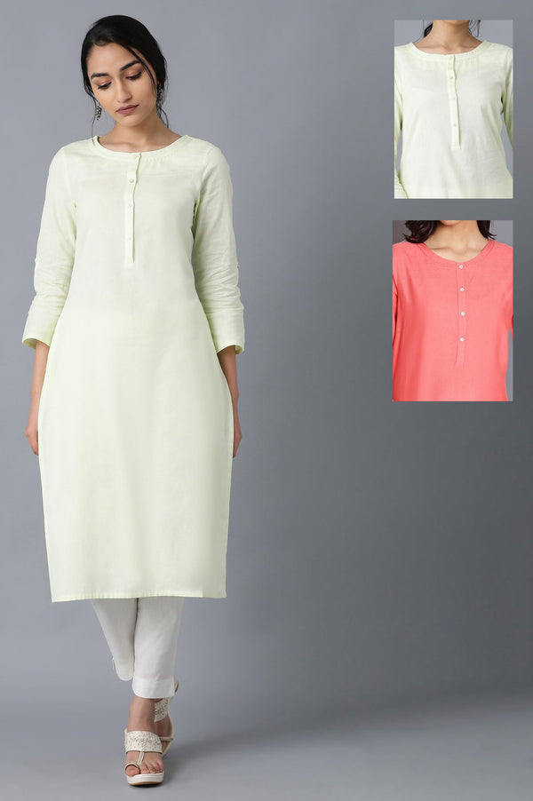 Yellow And Peach Solid Thread Work Straight Cotton Flax Kurta Combo