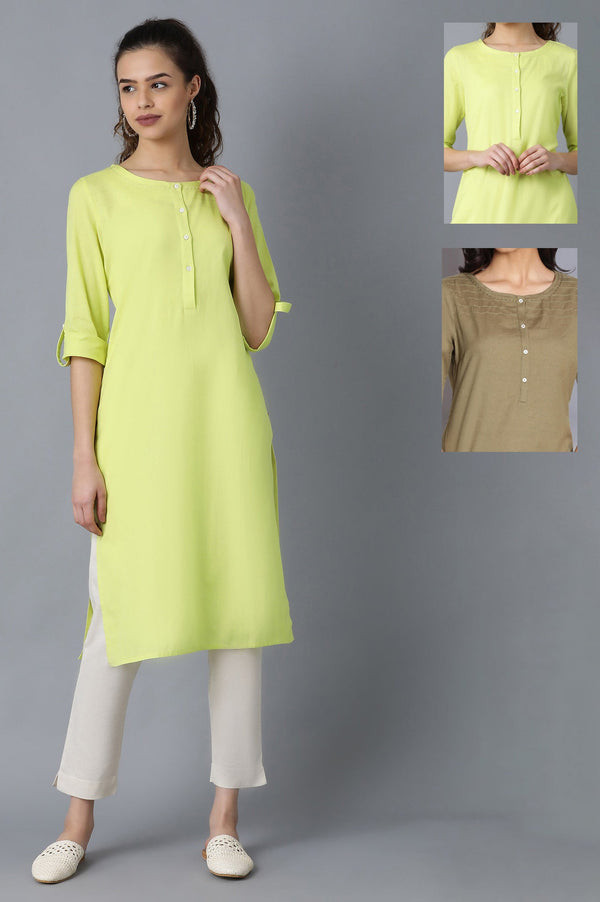 Yellow And Green Solid Thread Work Straight Cotton Flax Kurta Combo