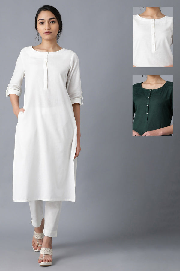 White And Dark Green Solid Thread Work Straight Cotton Flax Kurta Combo