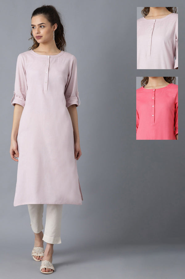 Light Purple And Pink Solid Thread Work Straight Cotton Flax Kurta Combo