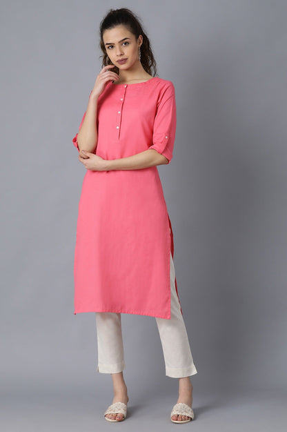 Light Purple And Pink Solid Thread Work Straight Cotton Flax Kurta Combo - wforwoman