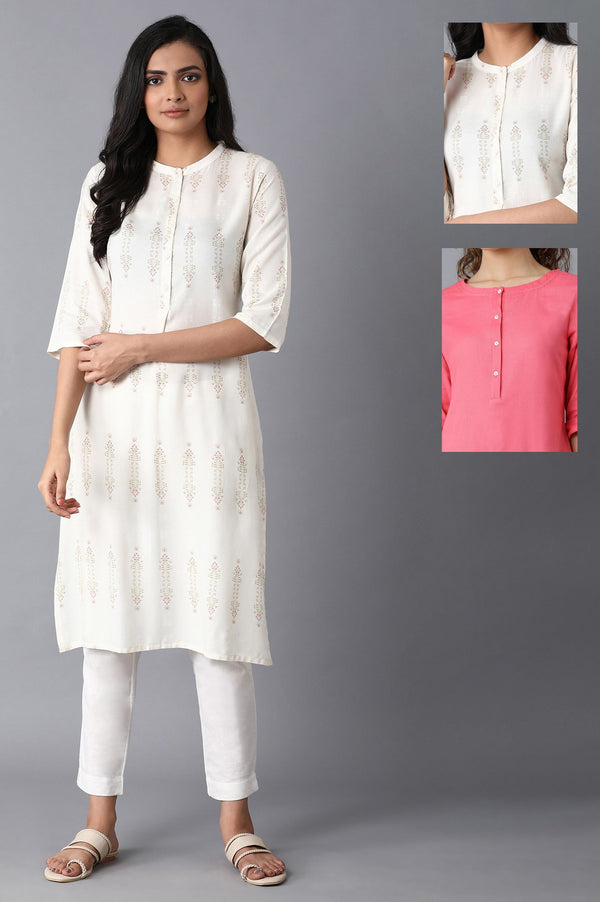Printed White Kurta And Pink Thread Work Kurta Combo
