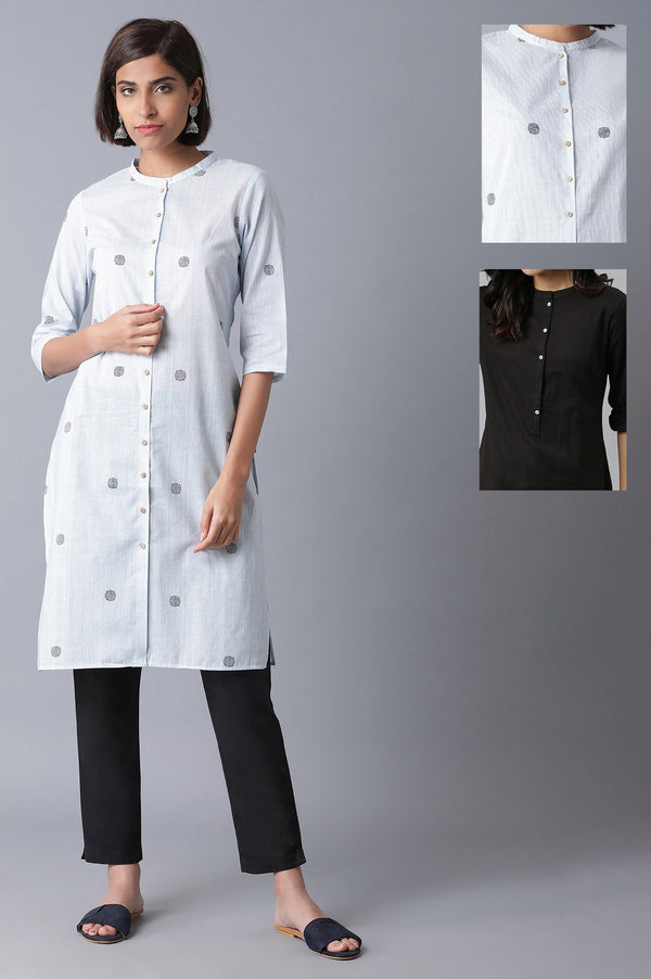 Light Blue Printed Pure Cotton & Solid Black Cotton Flax Kurta Combo