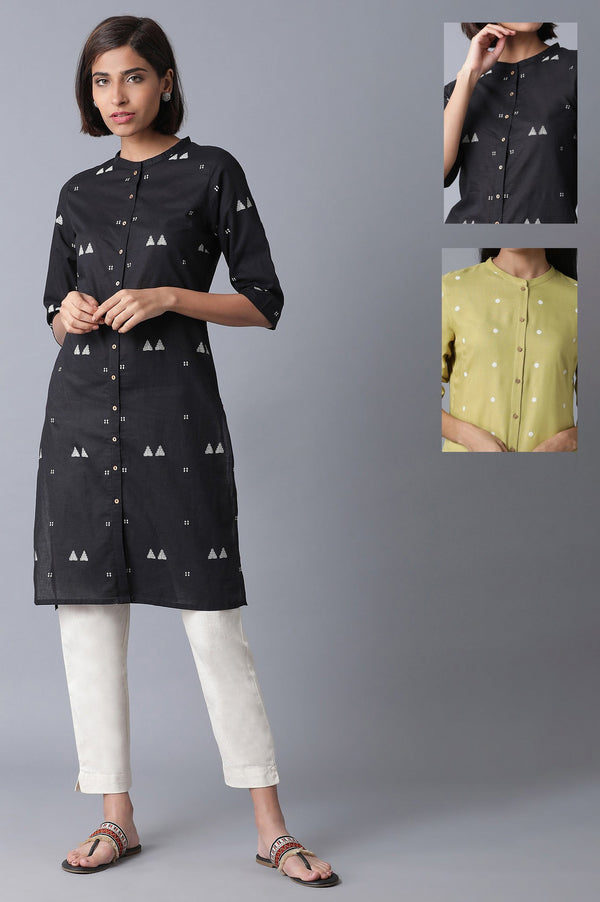 Black And Lime Green Printed Mandarin Collar Straight Kurta Combo