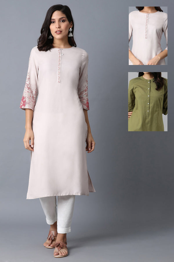 Light Pink Printed Rayon Kurta & Green Cotton Flax Solid Kurta Combo