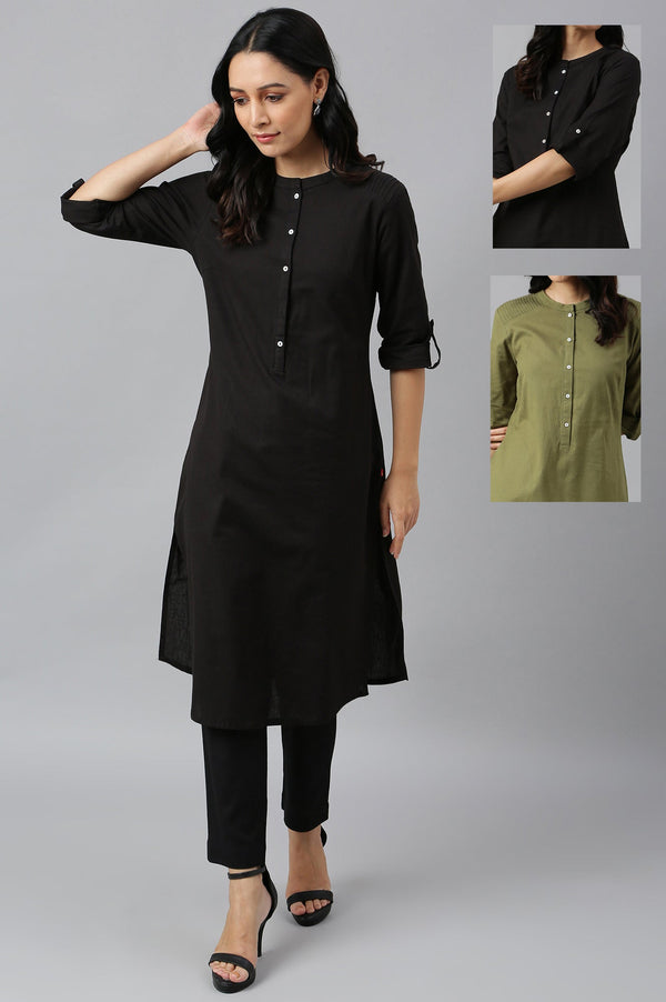 Black And Green Half Placket Cotton Flax Kurta Combo