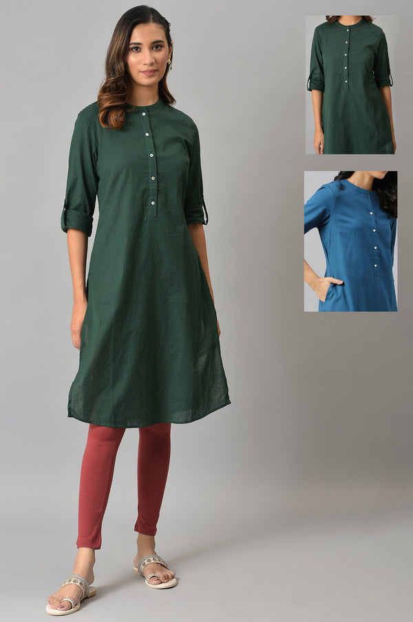 Green And Blue Half Placket Cotton Flax Kurta Combo