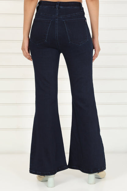 Blue Denim Lycra Mid Rise Ankle Length Flared Pants