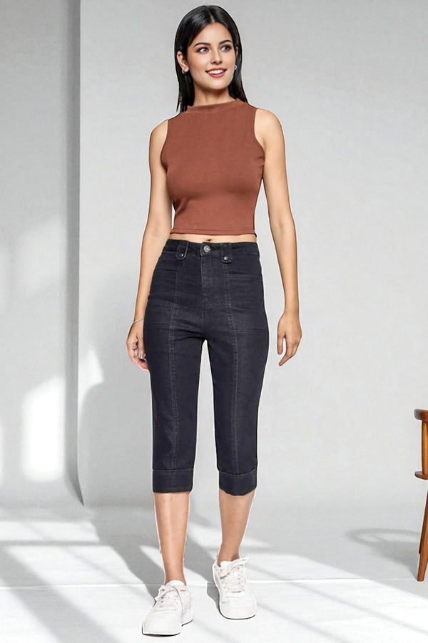 Black Cotton Denim Lycra Cropped Length Capri