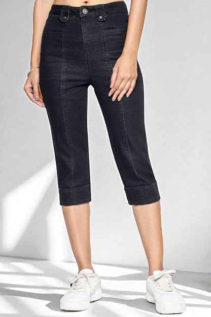 Black Cotton Denim Lycra Cropped Length Capri