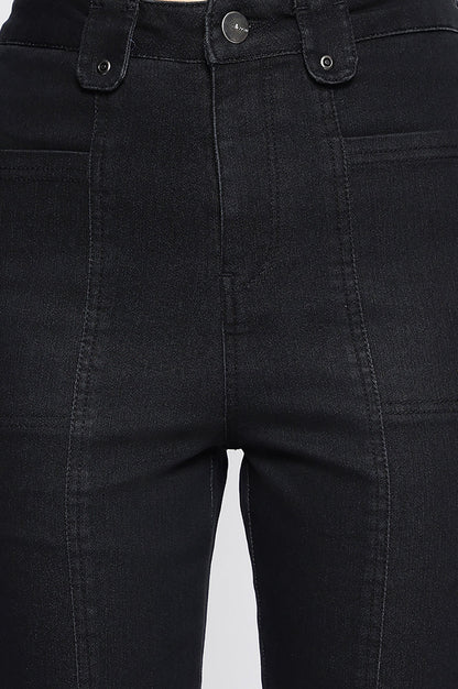 Black Cotton Denim Lycra Cropped Length Capri