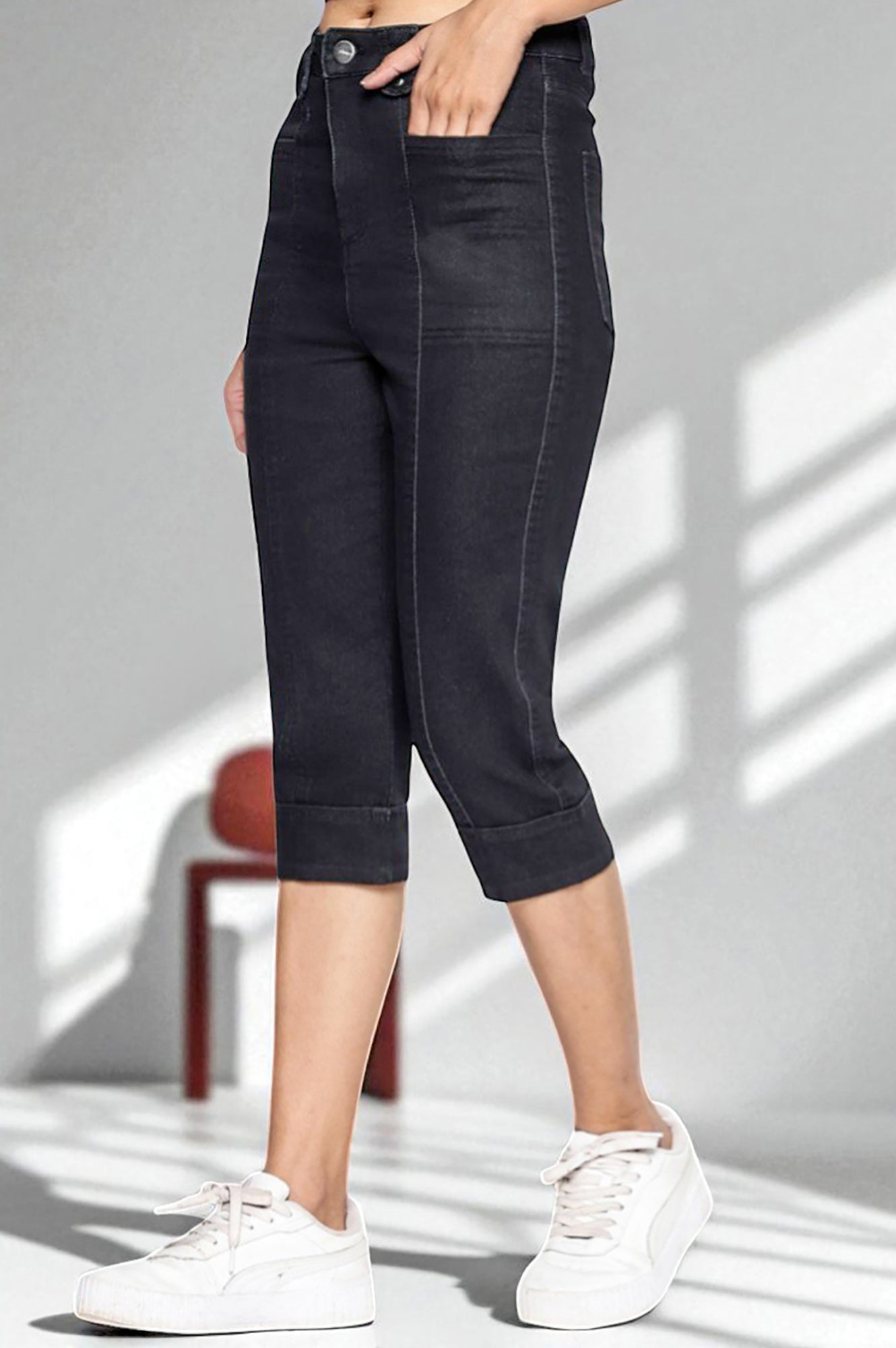 Black Cotton Denim Lycra Cropped Length Capri