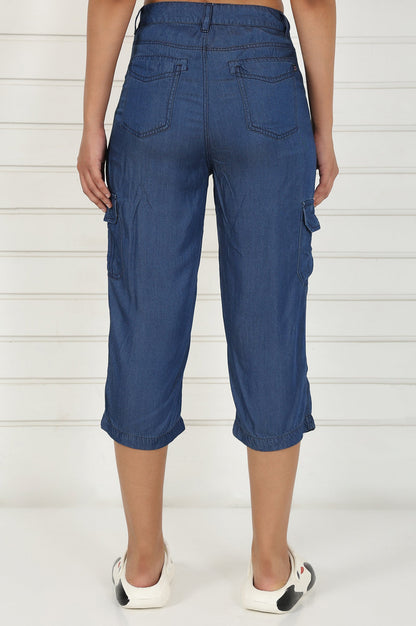 Blue Linen Lyocell Mid Rise Calf Length Capri
