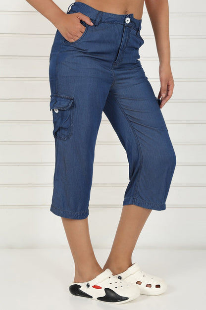Blue Linen Lyocell Mid Rise Calf Length Capri