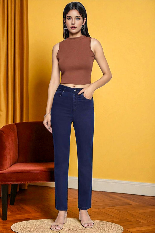 Blue Cotton Lycra Ankle Length Denim Straight Pants