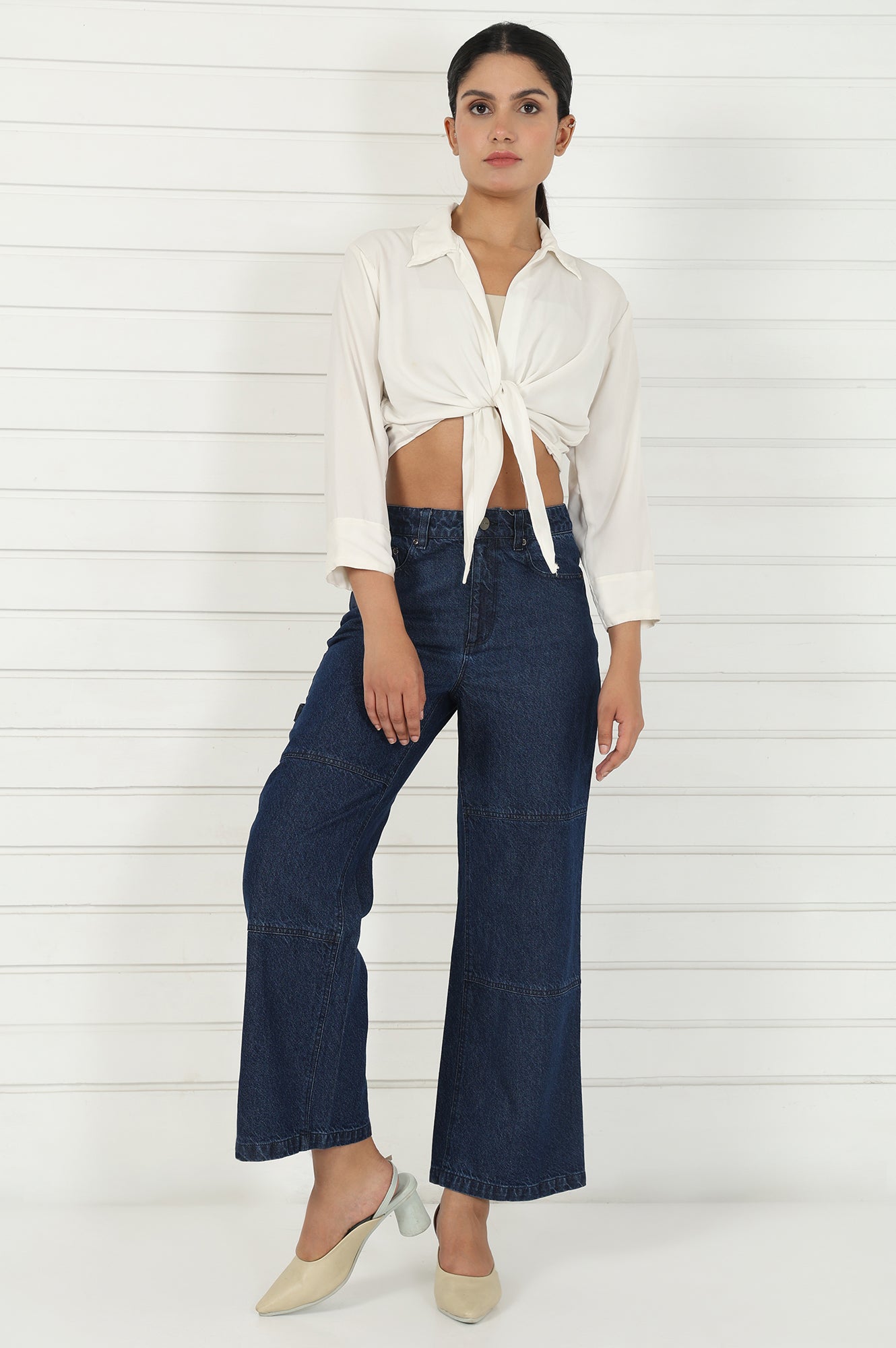 Blue Denim Mid Rise Ankle Length Flared Pants