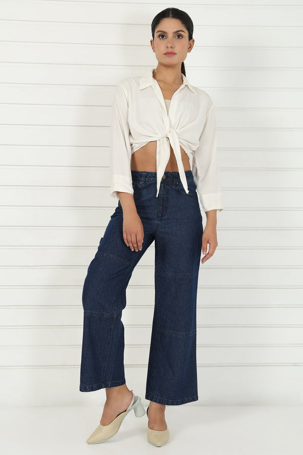 Blue Denim Mid Rise Ankle Length Flared Pants
