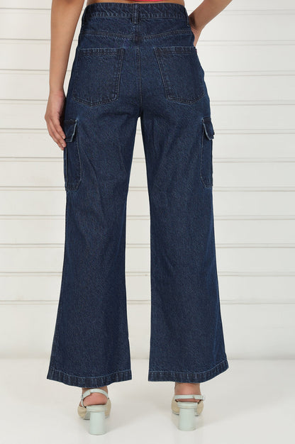 Blue Denim Mid Rise Ankle Length Flared Pants