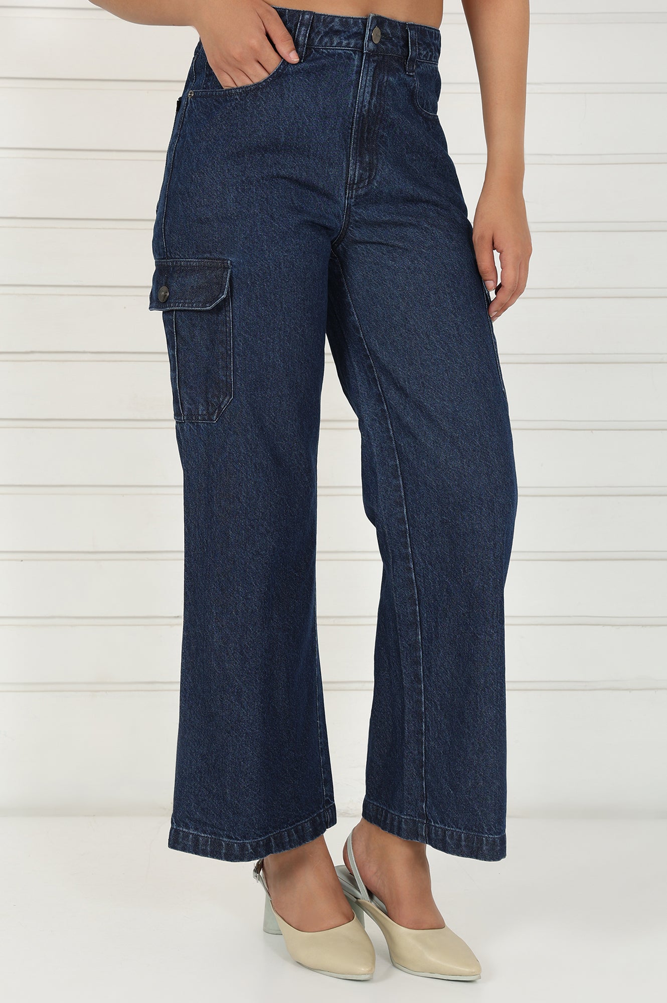 Blue Denim Mid Rise Ankle Length Flared Pants