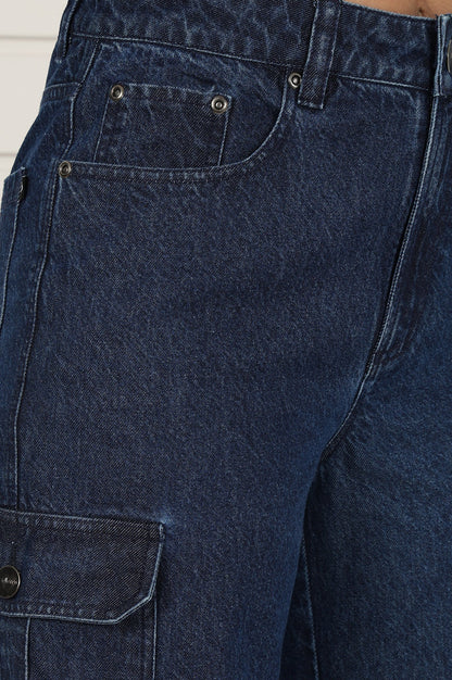 Blue Denim Mid Rise Ankle Length Flared Pants