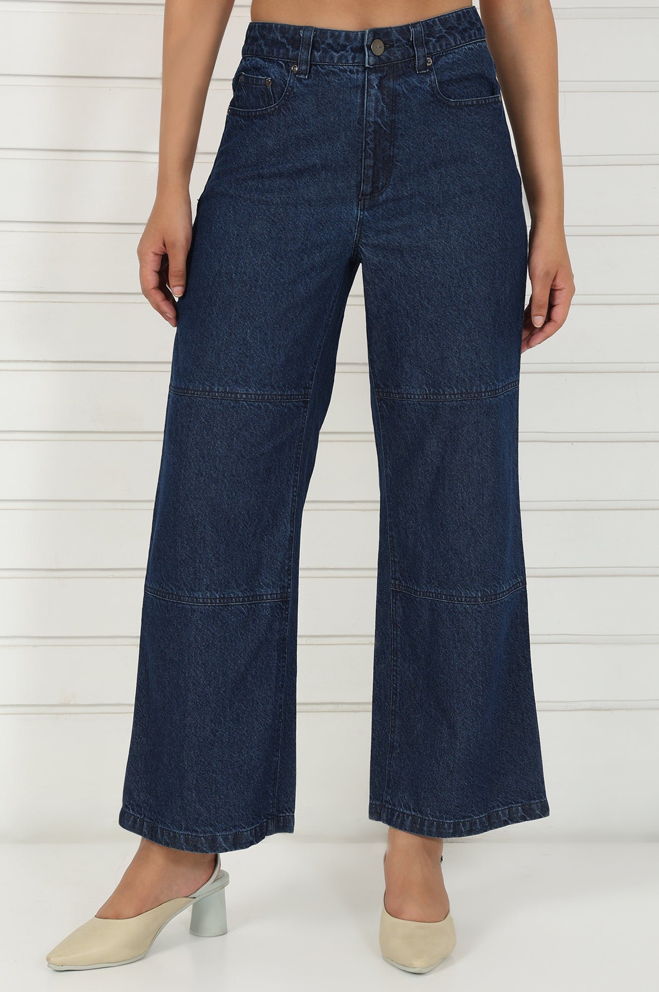 Blue Denim Mid Rise Ankle Length Flared Pants