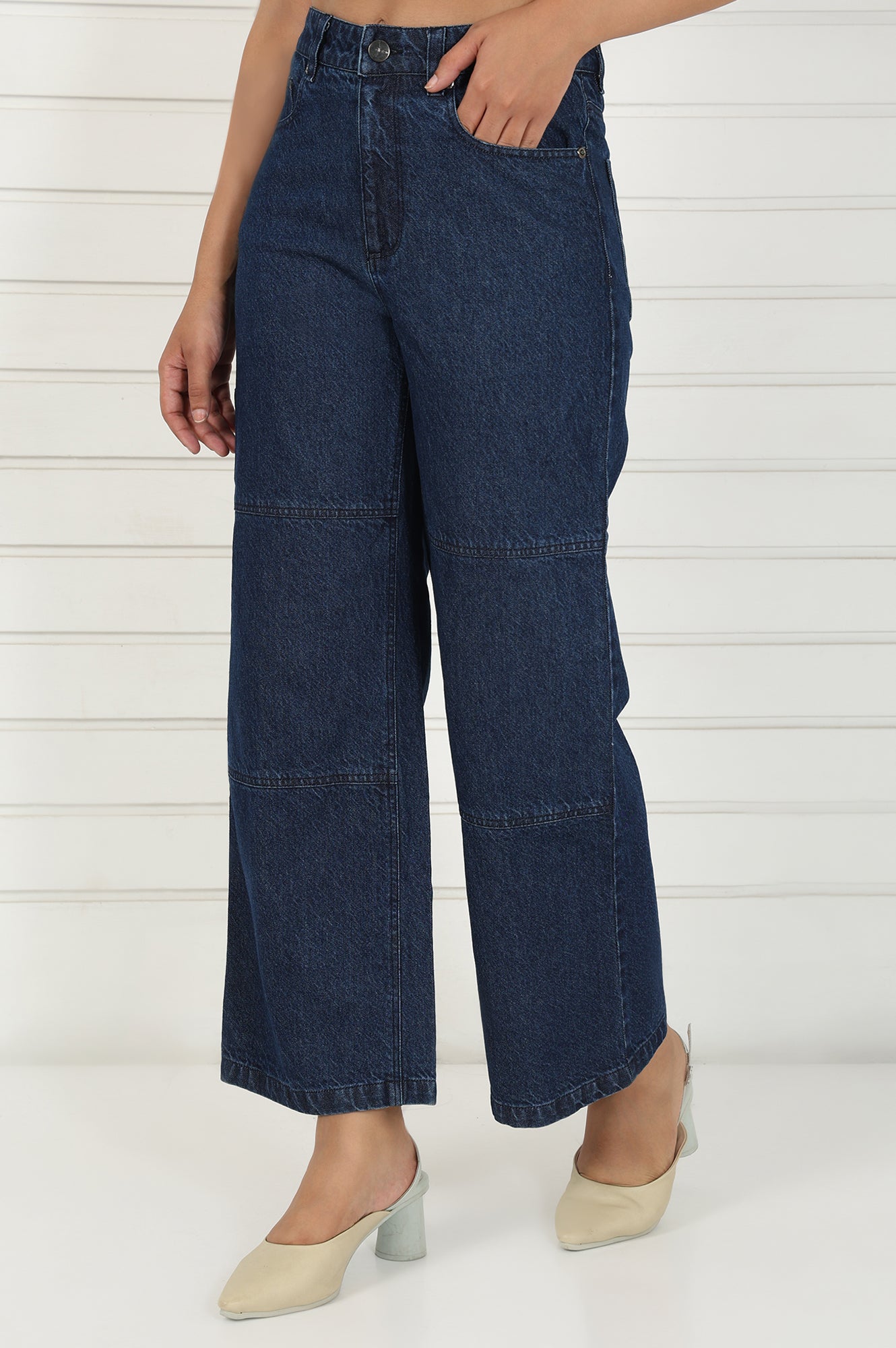 Blue Denim Mid Rise Ankle Length Flared Pants