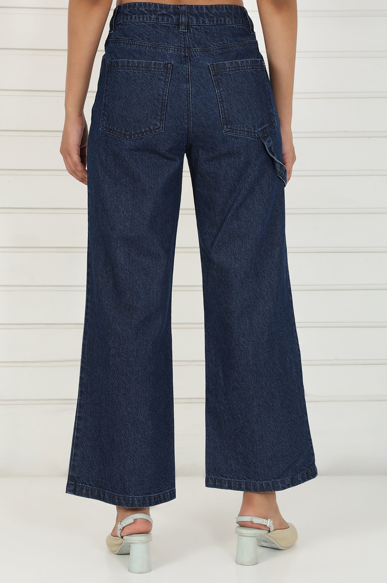 Blue Denim Mid Rise Ankle Length Flared Pants