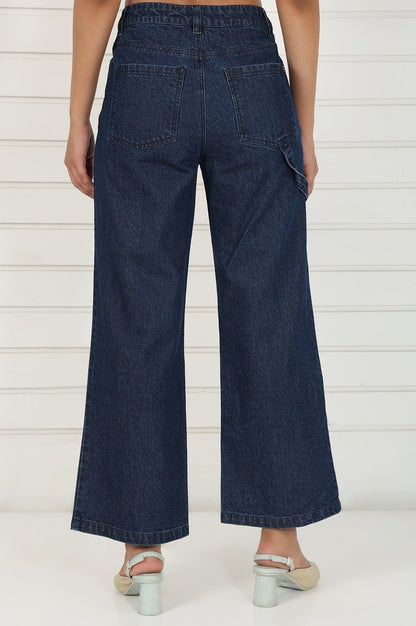 Blue Denim Mid Rise Ankle Length Flared Pants