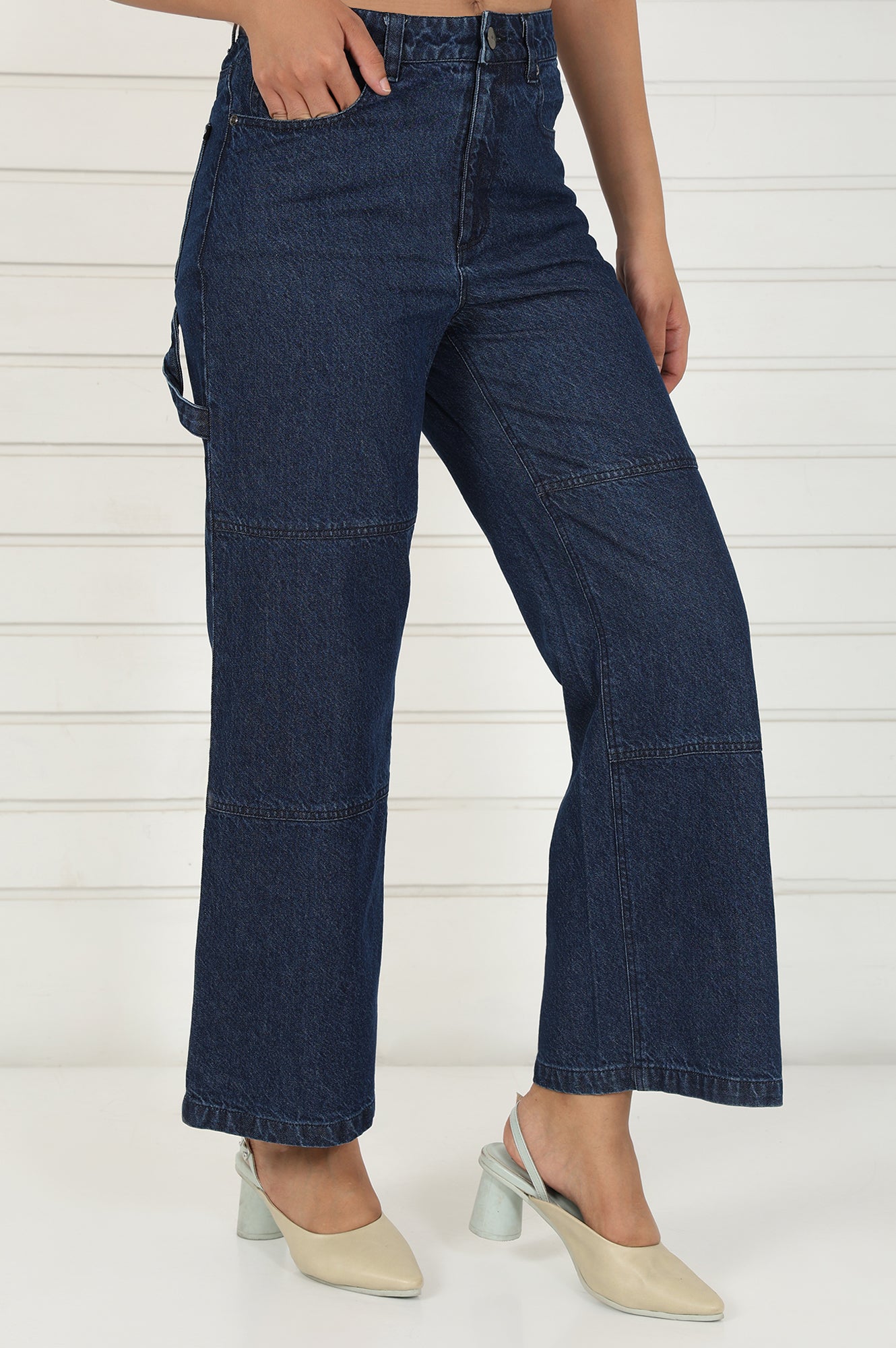Blue Denim Mid Rise Ankle Length Flared Pants