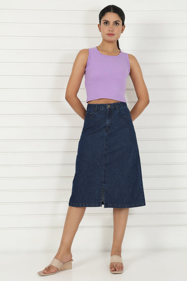 Blue Denim Mid Rise Calf Length Skirt