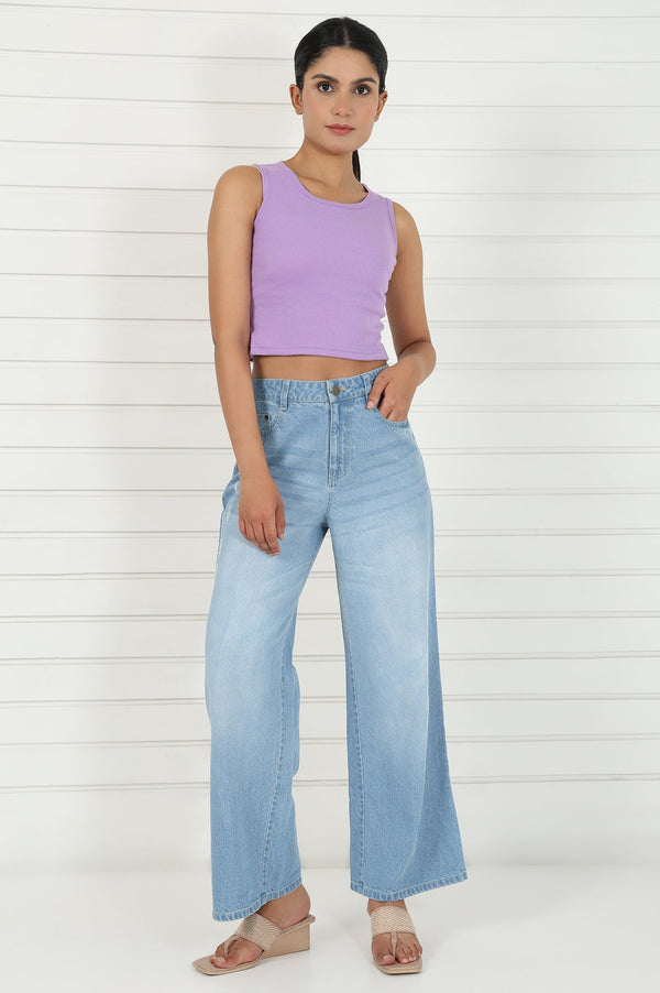 Blue Denim Mid Rise Ankle Length Flared Pants