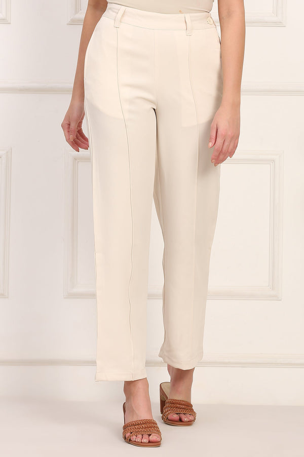 Beige Solid Straight Woven Pant