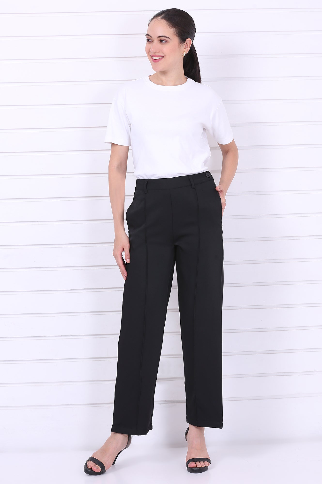Black Solid Straight Parallel Pants