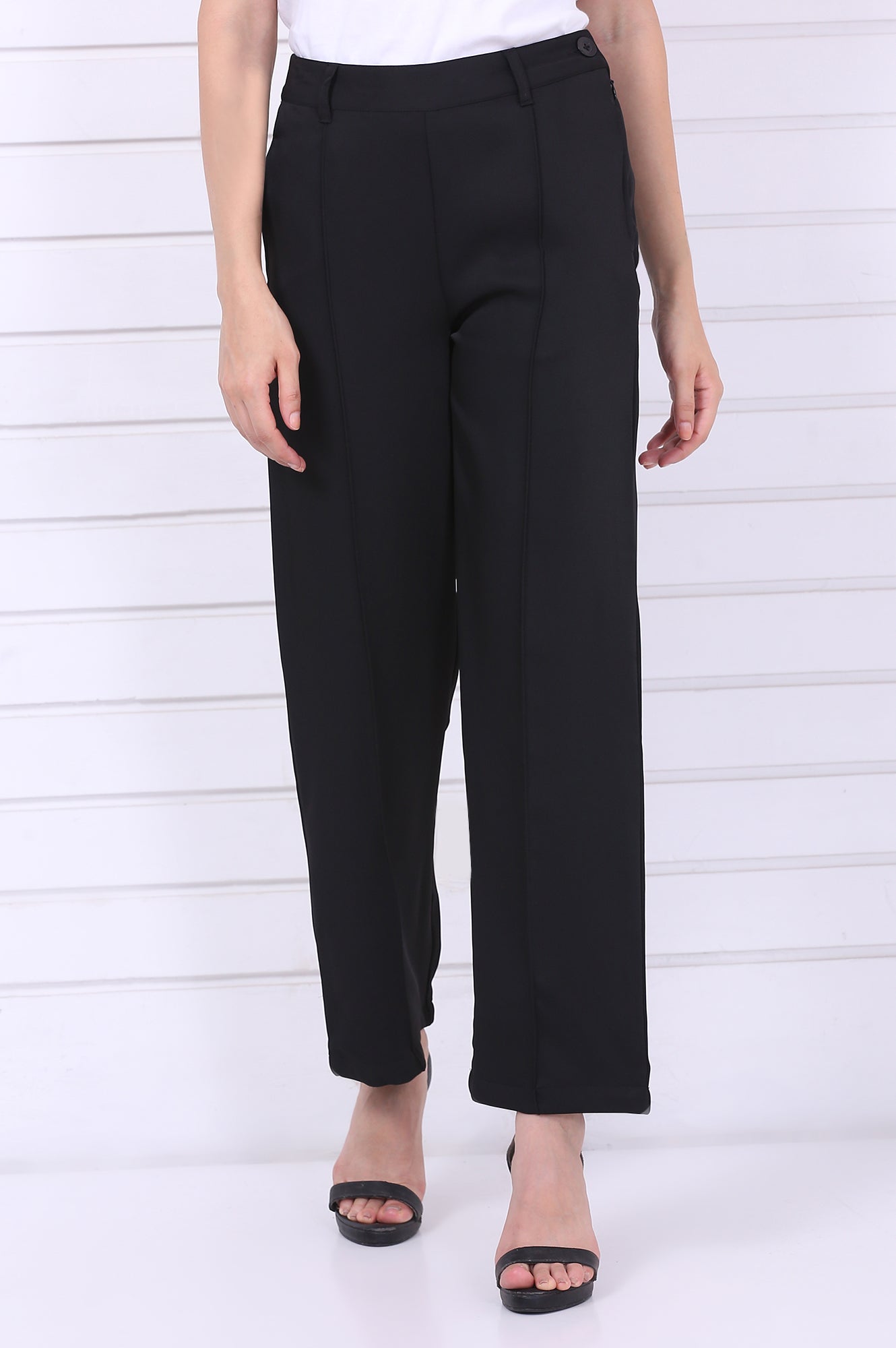 Black Solid Straight Parallel Pants