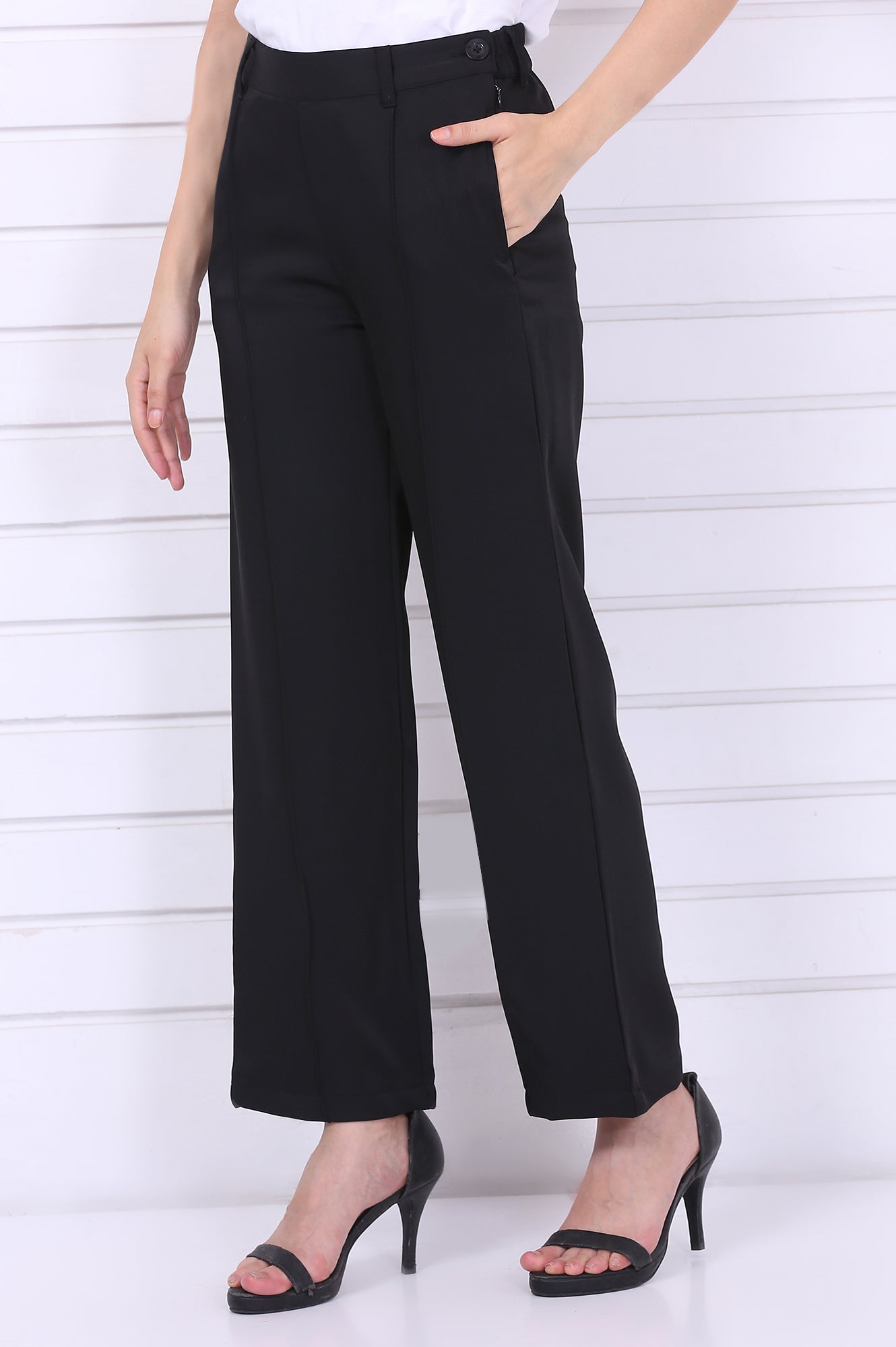 Black Solid Straight Parallel Pants
