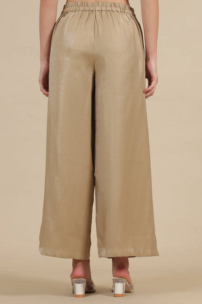Gold Solid Flared Rayon Palazzo With Pleated Detail
