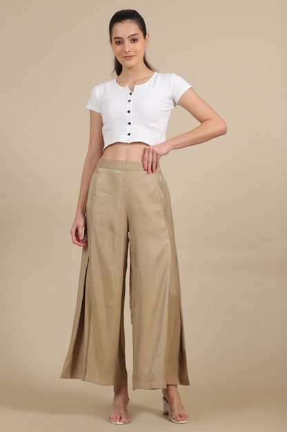 Gold Solid Flared Rayon Palazzo With Pleated Detail