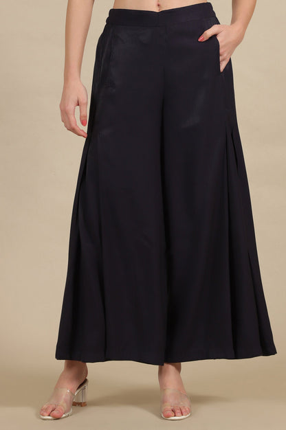 Blue Solid Flared Rayon Palazzo With Pleats
