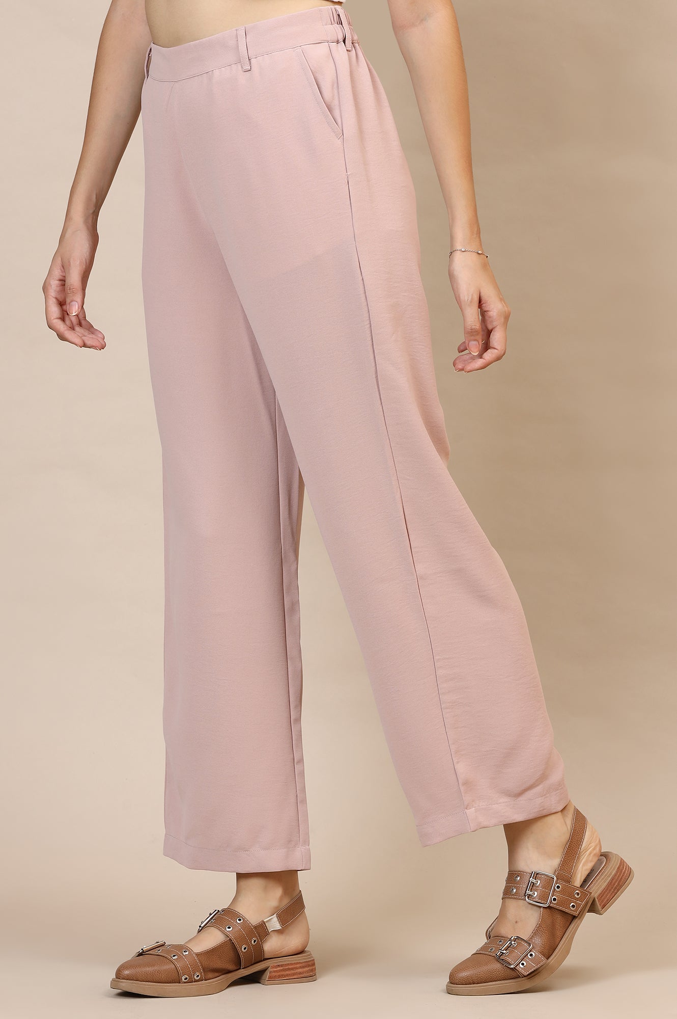 Pink Solid Straight Fit Woven Palazzo With Elasticated Waist