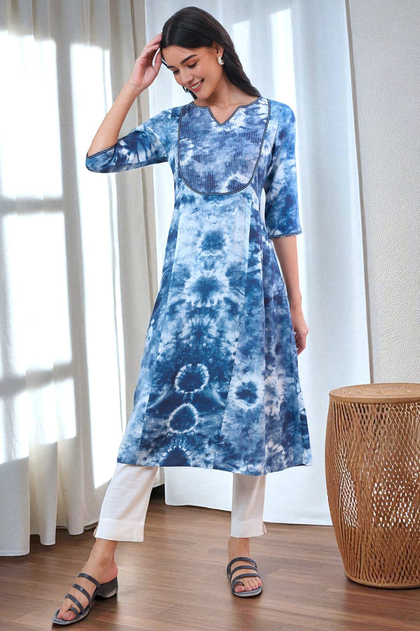 Aurelia Blue Shibori Printed A-Line Kurta with Lace Detail