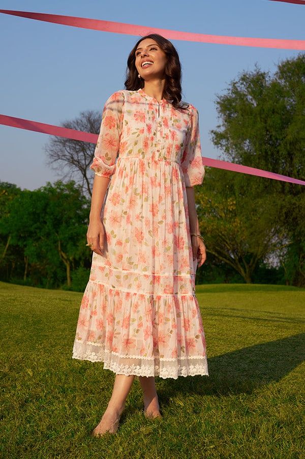 Orange Digital Floral Printed Tiered Chiffon Dress