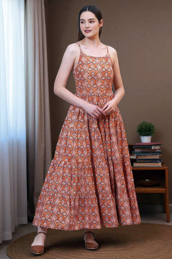 Orange Geometric Printed Pure Cotton Tiered Spaghetti Dress
