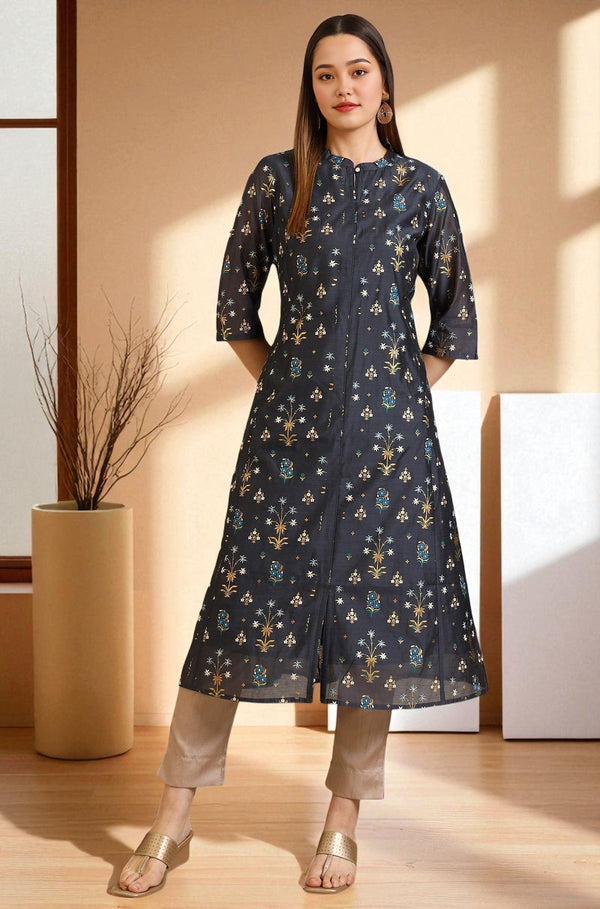 Aurelia Grey Floral Printed A-line Chanderi Kurta