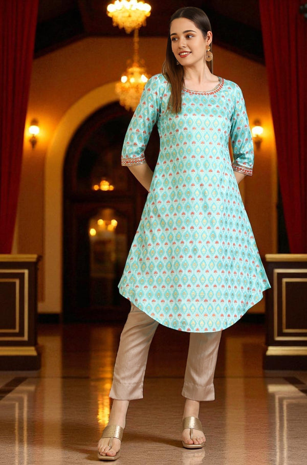 Aurelia Blue Floral Printed Shantung A-line Kurta