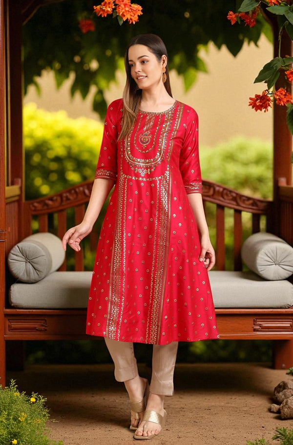 Virtual Pink Bold Floral Printed A-line Kurta