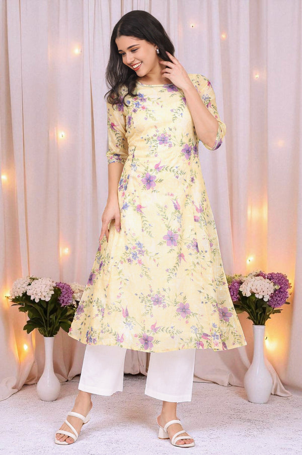 Yellow Floral Printed A-line Kota Kurta in Boat Neck
