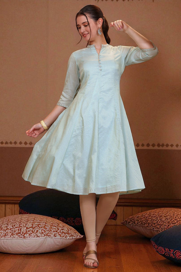 Mint Green Yarn Dyed Chanderi Lurex Anarkali Kurta with Zari Embroidery