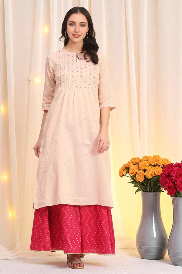 Pink Bead Embellished Chanderi Lurex Straight Kurta