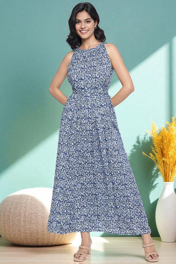 Blue Batik Printed Buttons Modal Flared Dress